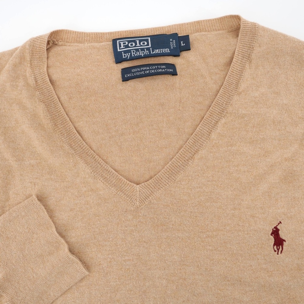 Polo Ralph Lauren Pima Cotton V-Neck Sweater Tan Long Sleeve Mens L